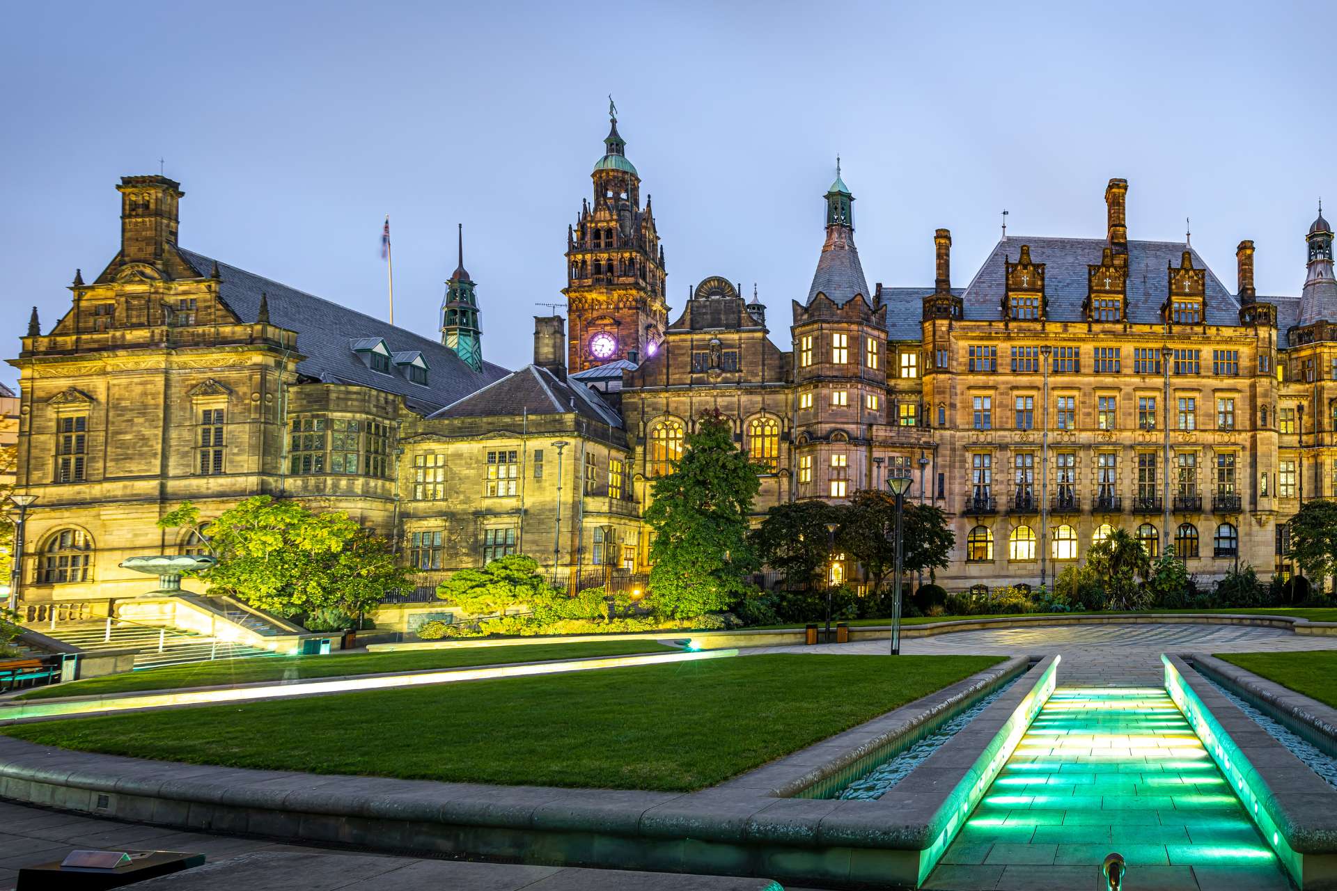 Sheffield City Council and Town Hall lit up at night